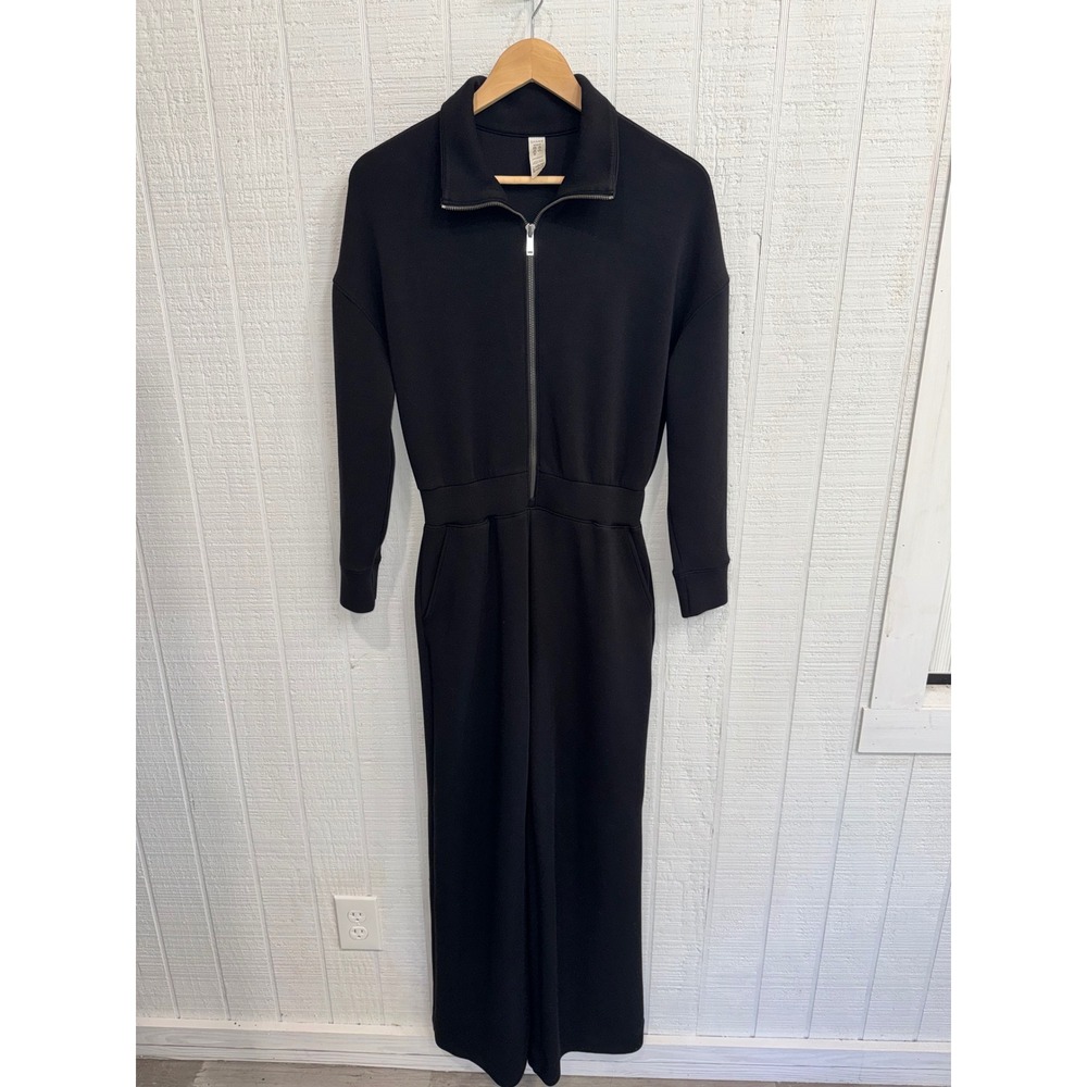 Spanx AirEssentials Jumpsuit Women Black Half Zip Wide Leg Small